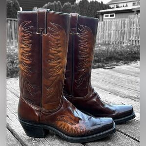 Vintage 70's Wrangler Square Toe Thunderbird Rainbow Stitch Harness Style Boots